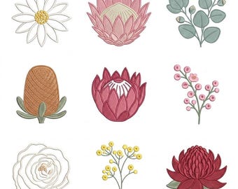 Può includere: Una collezione di nove disegni botanici ricamati che includono una margherita bianca, una protea rosa, foglie di eucalipto, una pigna marrone, una protea rosa scuro, un rametto di bacche rosa, una rosa bianca, un rametto di fiori gialli e un fiore waratah rosso.