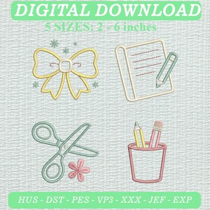 Iconos de bordado para la vuelta al cole: lápiz, lazo, tijeras, diseños para profesores (descarga digital).