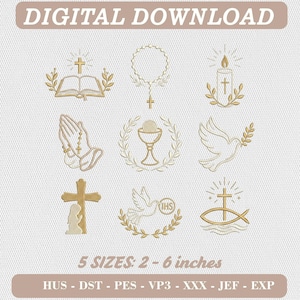 May include: A digital download embroidery design set featuring nine religious icons in gold thread, including a bible, rosary, candle, praying hands, chalice, dove, child with cross, dove with IHS symbol, and a cross with fish, in 2-6 inch sizes.