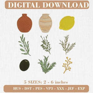 Terrakotta-Oliven-Stickmotive, Gartentöpfe-Set aus Ton (Digitaler Download)