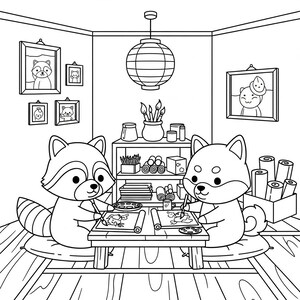 May include: Black and white illustration of a raccoon and a Shiba Inu dog painting at a table. The room features framed pictures, a paper lantern, and art supplies on a shelf. The animals are sitting on cushions.