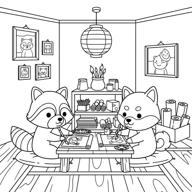 May include: Black and white illustration of a raccoon and a Shiba Inu dog painting at a table. The room features framed pictures, a paper lantern, and art supplies on a shelf. The animals are sitting on cushions.