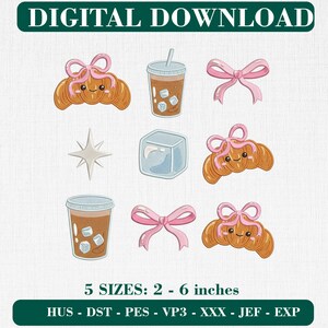 Coquette Croissant Coffee Embroidery Design Set Iced Latte Bow Ice Cube Sparkle Patch