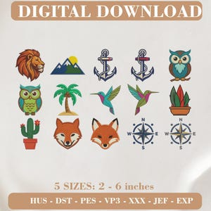 Nature Adventure Embroidery Clipart Bundle | Lion, Owl, Fox, Anchor, Compass (Digital Download)