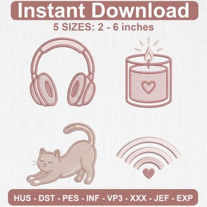 May include: A digital embroidery design set featuring four monochromatic dusty rose icons: headphones, a heart-adorned candle, a stretching cat, and a Wi-Fi symbol with a heart. Text includes Instant Download, 5 SIZES: 5 - 15 cm, and file formats.
