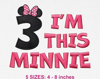 Ricamo di compleanno di Minnie Mouse, schema per punto macchina da cucire a tema cartone animato (download digitale)