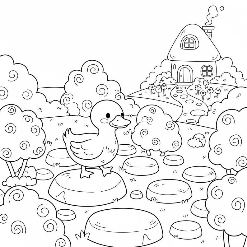Puede incluir: Ilustraci&oacute;n en blanco y negro de un patito de pie sobre una roca en un jard&iacute;n. Un camino conduce a una peque&ntilde;a casa en una colina, rodeada de &aacute;rboles y arbustos. Una encantadora p&aacute;gina para colorear.