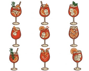 Set di mini icone per ricamo Aperol Spritz, disegni di cocktail stilizzati (download digitale)