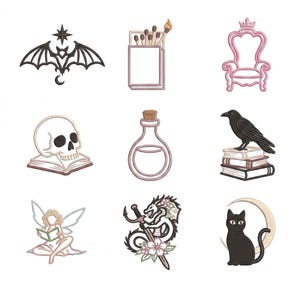 May include: A collection of nine embroidered patches featuring a black bat with a star, a box of matches, a pink throne, a skull on a book, a glass potion bottle, a black raven on books, a fairy reading, a dragon with a sword, and a black cat.