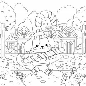 Puede incluir: Ilustraci&oacute;n en blanco y negro de un cachorro lindo con un gorro y bufanda, llevando un bast&oacute;n de caramelo. El cachorro camina por un camino hacia dos casas. &Aacute;rboles y arbustos rodean el camino.
