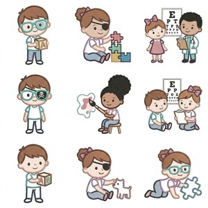 Puede incluir: Una colección de nueve ilustraciones de estilo caricatura que muestran a niños en diversas actividades, incluyendo jugar con bloques de alfabeto, rompecabezas y un perro, además de interactuar con un médico y una tabla optométrica con las letras E, P, T, Z, D.