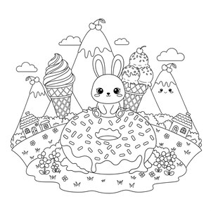 Puede incluir: Ilustraci&oacute;n en blanco y negro de un lindo conejito sentado en una rosquilla, rodeado de conos de helado, monta&ntilde;as, casas y flores. Las cerezas coronan las monta&ntilde;as y el helado. Un dibujo de estilo caricaturesco.