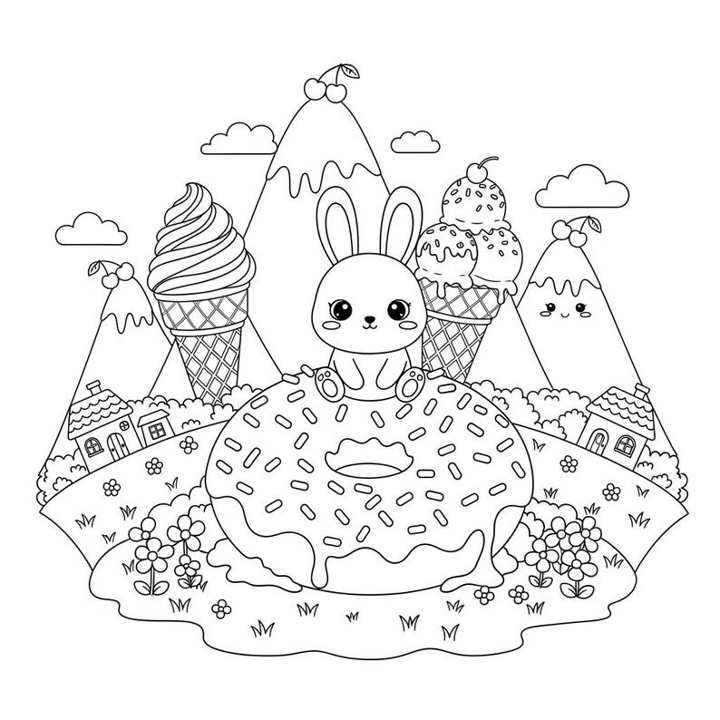 Puede incluir: Ilustraci&oacute;n en blanco y negro de un lindo conejito sentado en una rosquilla, rodeado de conos de helado, monta&ntilde;as, casas y flores. Las cerezas coronan las monta&ntilde;as y el helado. Un dibujo de estilo caricaturesco.