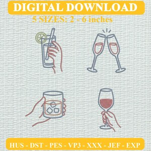 Borduurpakket met drankpictogrammen, mini-ontwerpen voor een wijnglas met proost (digitale download)