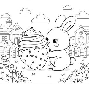 Puede incluir: Ilustraci&oacute;n en blanco y negro de un conejito sosteniendo un postre de fresa con crema batida. El conejito est&aacute; en un jard&iacute;n con casas, nubes, flores y una valla.