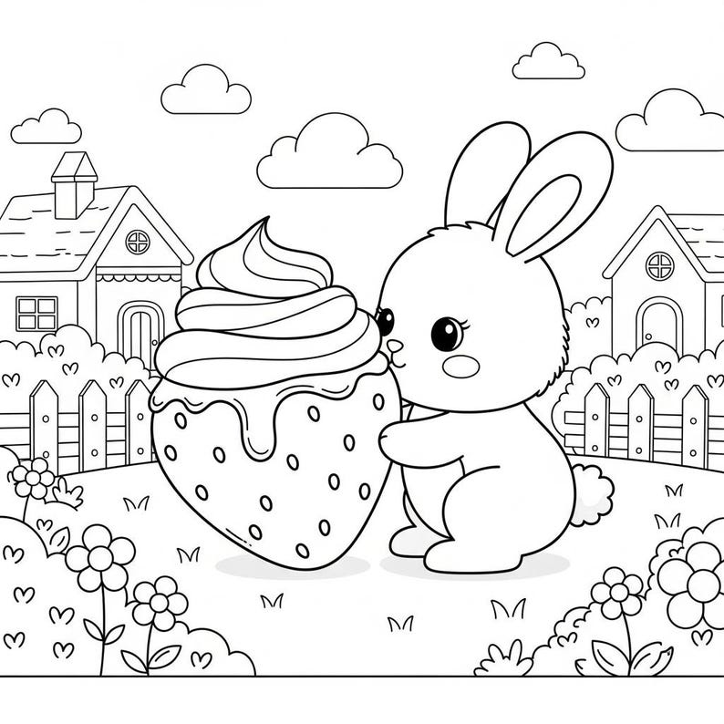 Puede incluir: Ilustraci&oacute;n en blanco y negro de un conejito sosteniendo un postre de fresa con crema batida. El conejito est&aacute; en un jard&iacute;n con casas, nubes, flores y una valla.