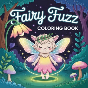 Może przedstawiać: Kolorowa ilustracja do kolorowanki zatytułowanej "Fairy Fuzz Coloring Book". Obraz przedstawia wróżkę z pastelowymi skrzydłami i kwiatową koroną, w fantazyjnym lesie z świecącymi grzybami i gwiaździstym niebem.