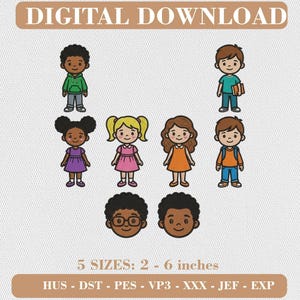 Pacote de Desenhos para Bordar com Personagens Infantis: Crianças em Idade Escolar, Meninos e Meninas (Download Digital)