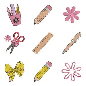 Könnte beinhalten: Eine Sammlung gestickter Aufnäher mit einem rosa Stiftehalter samt Schreibwaren, einem Holzbleistift, einer rosa Blume, einer rosa Schere mit Schleife, einem Holzlineal, einem Kugelschreiber, einer gelben Schleife, einem gelben Bleistift und einer rosa Blume.