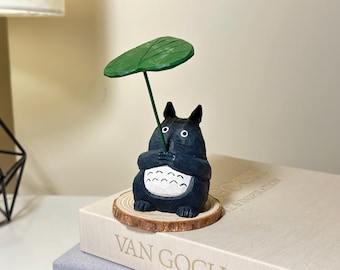 Hand Carved Totoro Wooden Figurine, Studio Ghibli Inspired, Cute Wood Carving, Totoro Holding Leaf, Desk Decor Gift
