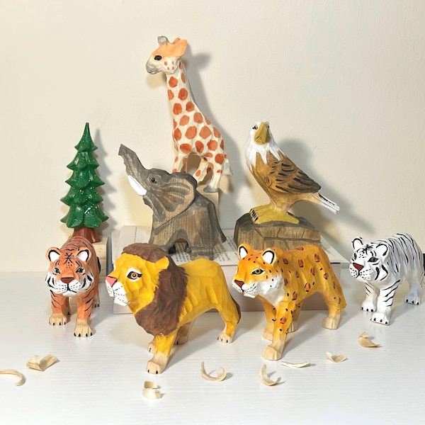 Hand Carved Wooden Forest Animals | Giraffe Elephant Eagle Lion Cheetah Tiger | Small Wood Animal Figurine