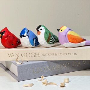 Puede incluir: Cuatro figuras de p&aacute;jaros de madera talladas a mano en rojo, azul, verde y morado, sobre un libro titulado VAN GOGH NATURE & INSPIRATION, que descansa sobre un libro gris titulado LEONARDO DA VINCI, con virutas de madera en el primer plano.