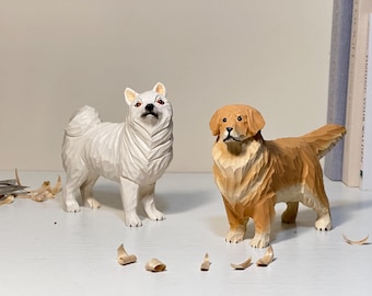 Hand-Carved Wooden Dog Figurines | Golden Retriever & Samoyed