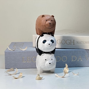 We Bare Bears Wooden Figurines – Ice Bear Panda Grizz Stackable Bear Set, Hand Carved Cute Desk Decor