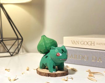Hand-Carved Bulbasaur | Wooden Bulbasaur Figurine | Green Frog-Inspired Wood Sculpture