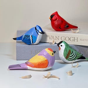 Puede incluir: Cuatro figuras de p&aacute;jaros de madera talladas a mano con distintos patrones de color: un cardenal rojo brillante, un arrendajo azul, un p&aacute;jaro verde y blanco, y un p&aacute;jaro multicolor con tonos amarillos, naranjas y morados sobre libros.