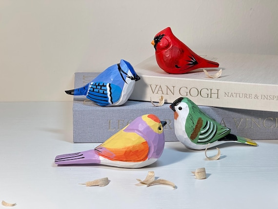 Hand Carved Colorful Birds | Cute Wooden Bird Figurines | Mini Nature Decor Gift