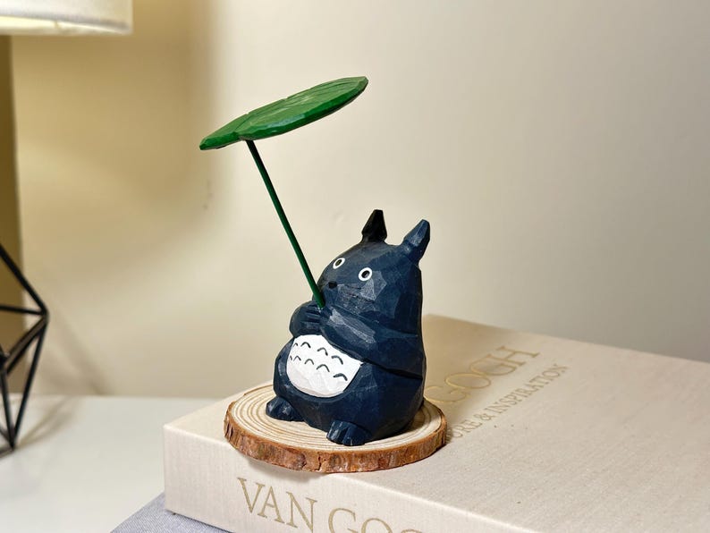 Cute Totoro Wooden Figurine | Small & Large Options | Hand-Carved Studio Ghibli Inspired Desk Decor New Type holdin leaf