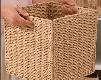 Handgeweven opbergmand met zeegras, opvouwbare kubusopberger met handgrepen