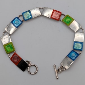 Vintage 925 Sterling Silver Colorful Enamel Panel Link Toggle Bracelet 7"