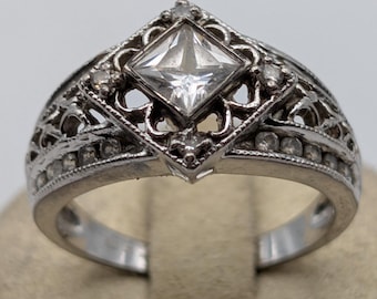 Vintage 925 sterlingzilver Princess Cut CZ filigraan statement ring maat 8