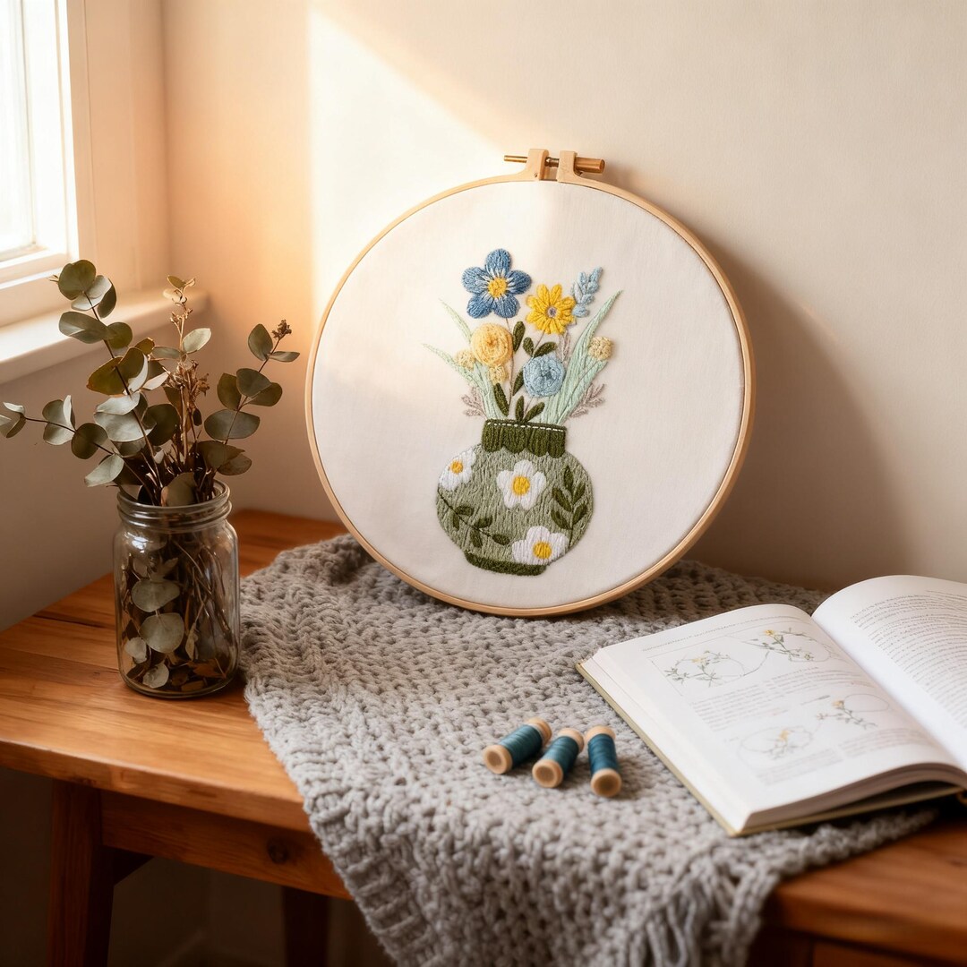 Charming Floral Vase Embroidery Hoop Art: Hand - Embroidered Whimsical ...