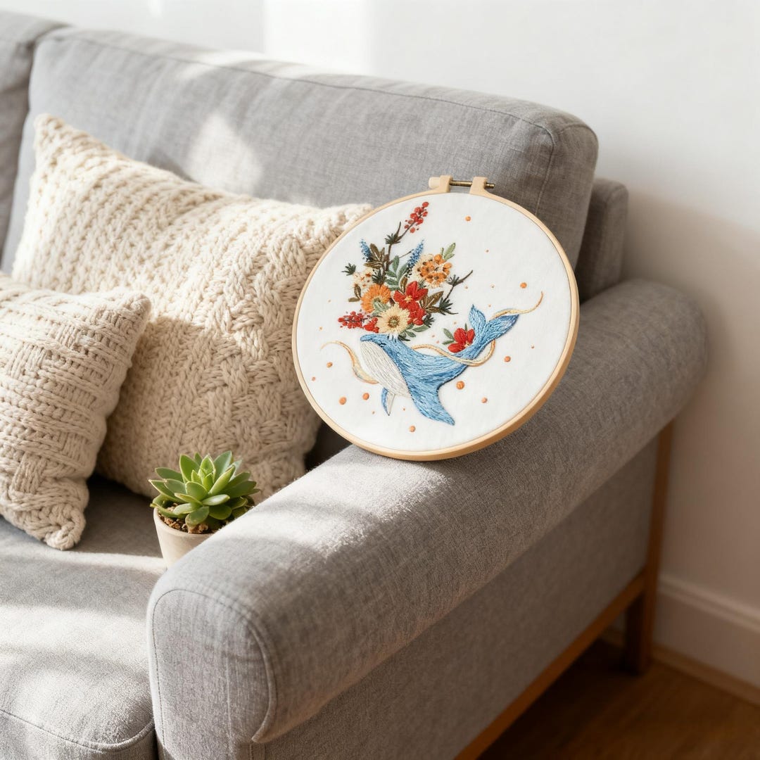 Whale Floral Embroidery Hoop Art: Hand - Embroidered Nature - Inspired ...