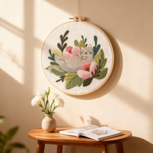 Cozy Cat & Plant Embroidery Hoop Art: Hand - Embroidered Whimsical Decor