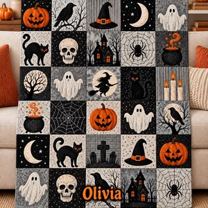 Manta de franela personalizada para Halloween, diseño de fantasmas en patchwork gris y naranja.