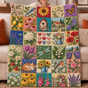 May include: A rectangular quilt featuring a grid of twenty-five square panels with various nature-themed designs, including sunflowers, a bluebird, a butterfly, a sleeping orange tabby cat, a birdhouse, a watering can, and floral arrangements.