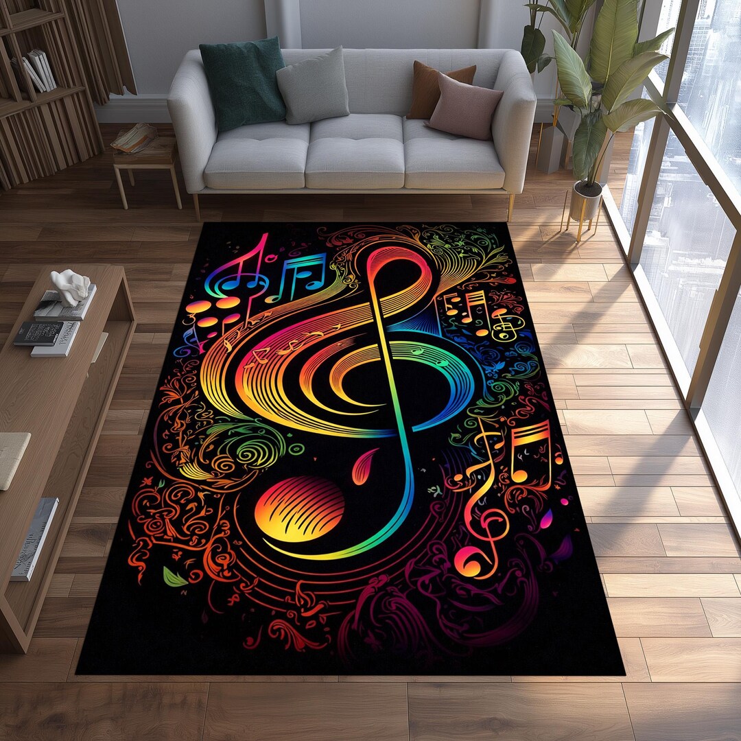 Circle Music Rug Neon Music Rug, Colorful Treble Clef Carpet, Modern Music Lover Decor ...