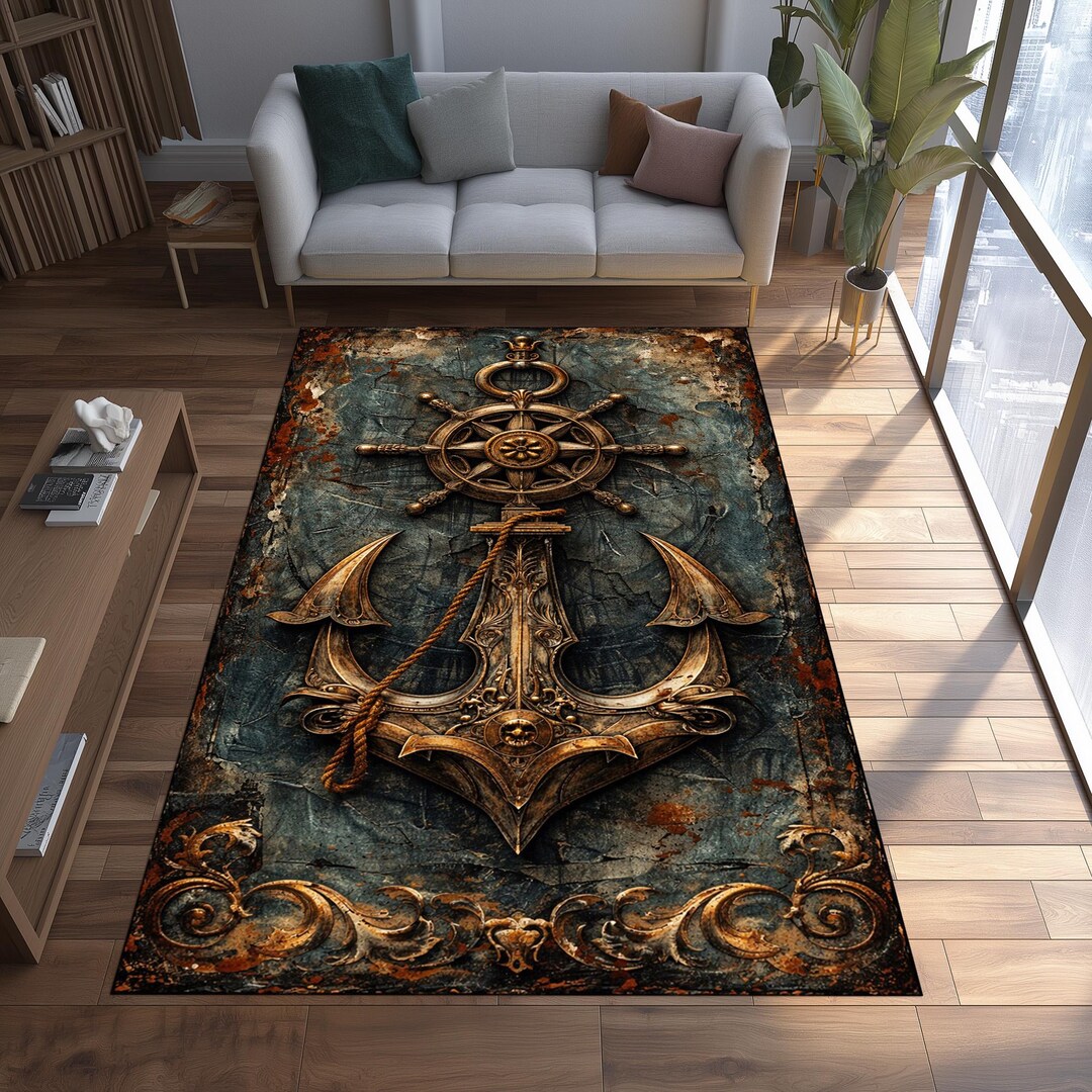 Nautical Anchor Rug, Vintage Ship Wheel Carpet, Maritime Decor - Etsy