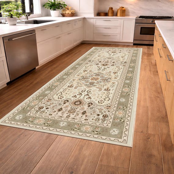 Neutral Farmhouse Runner Rug, Floral Kitchen Carpet, Washable Hallway Runner