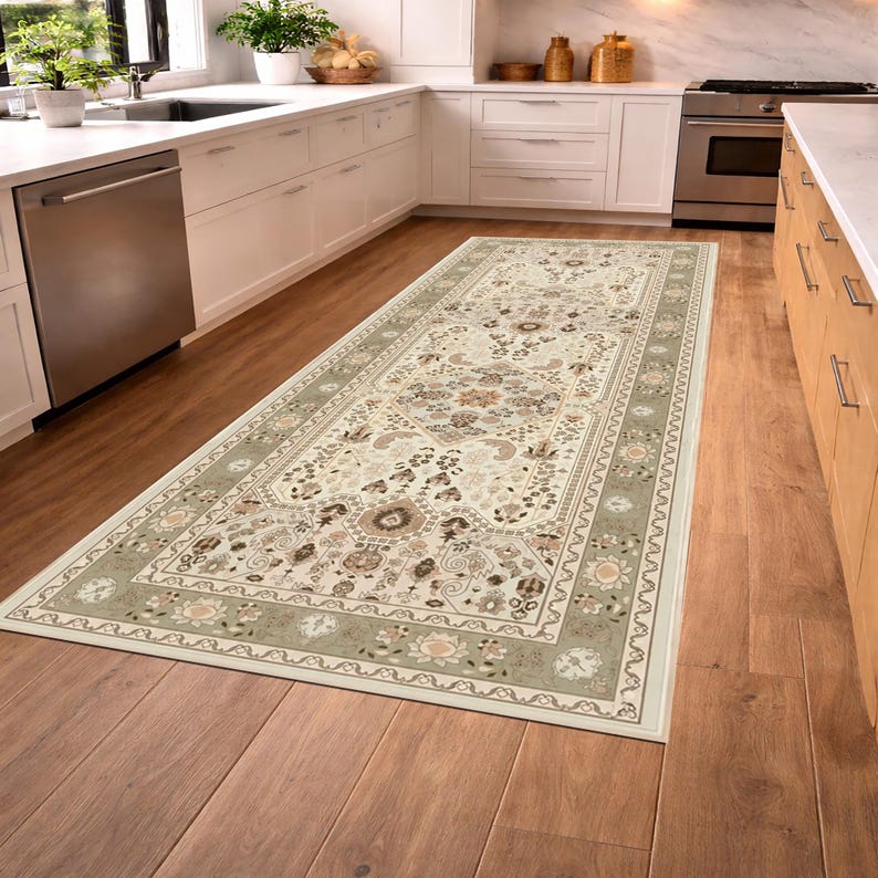 May include: A rectangular area rug with an intricate floral pattern in beige, brown, and green tones. The rug has a border with a repeating floral design and is placed on a hardwood floor in a kitchen setting.