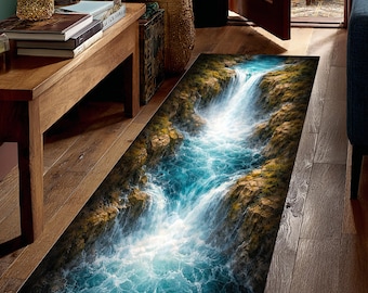 May include: A rectangular rug featuring a vibrant waterfall scene. The design showcases a cascading waterfall with turquoise water and rocky cliffs, creating a realistic and immersive visual effect. The rug is designed for indoor use.