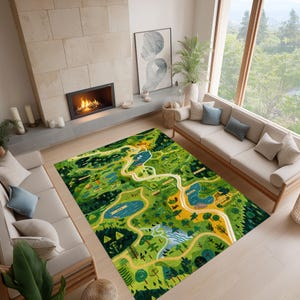 May include: A rectangular area rug featuring a vibrant, illustrated map of a forest landscape. The design includes winding yellow paths, deep green trees, blue lakes, and small camping icons printed across the surface in a top-down view.