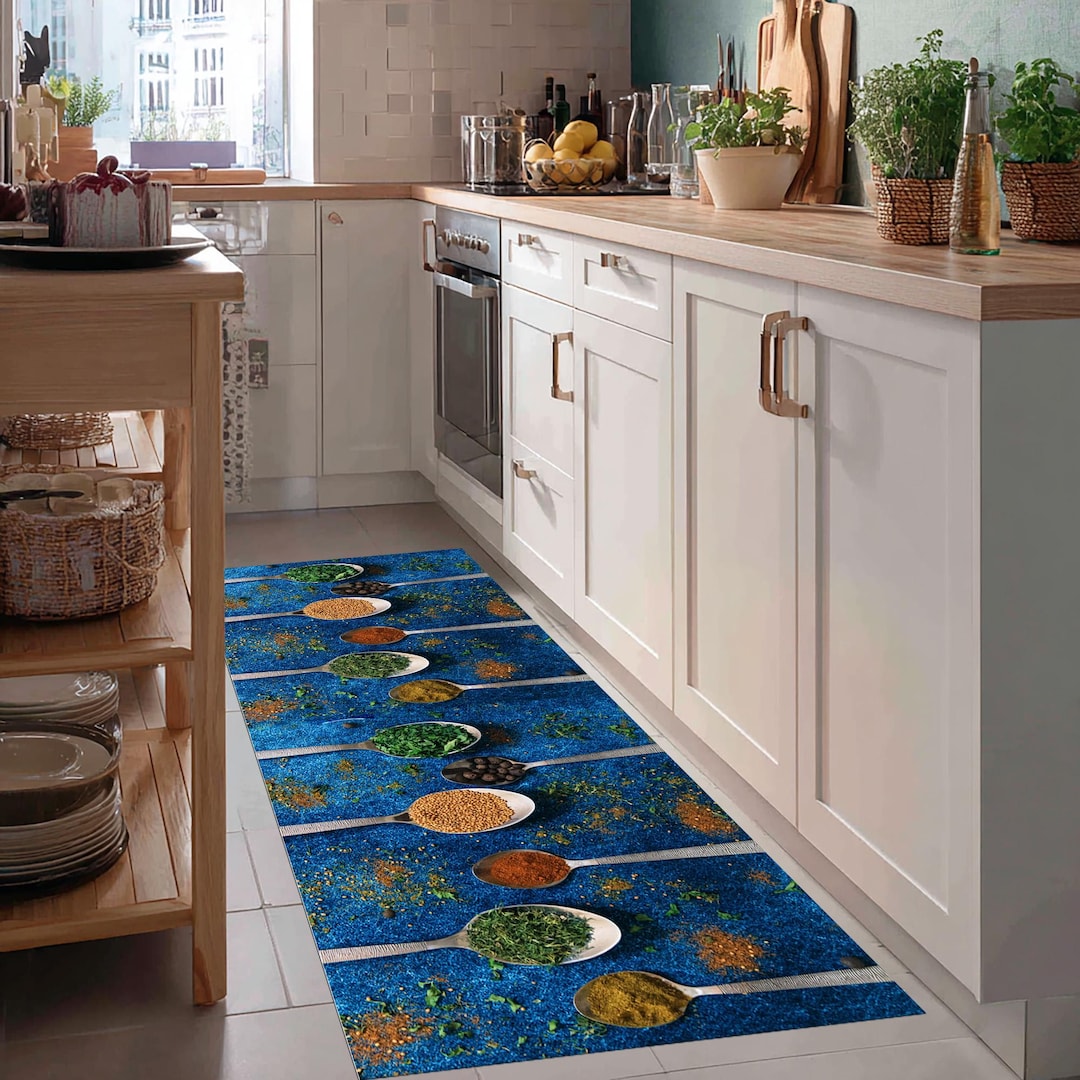 Looking Kitchen Rugs Kitchen Runner Rug With Spices, Colorful Spoon Pattern Kitchen Carpet ...