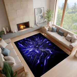May include: A rectangular rug with a black backdrop, showcasing a striking blue circuit board design. The rug features a central square element with radiating lines and lightning bolt-like accents, creating a modern, tech-inspired aesthetic.