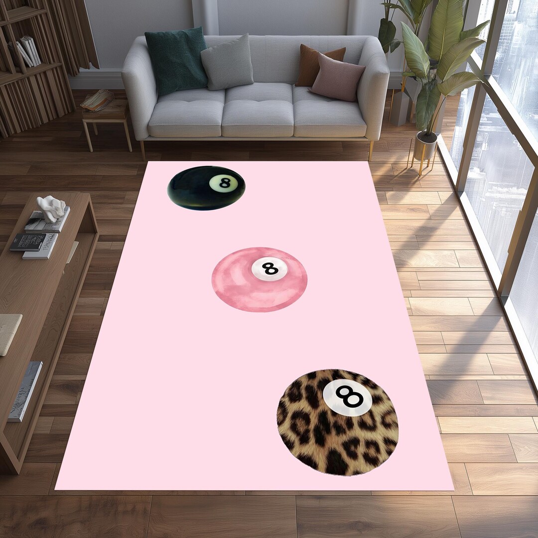 Pink 8 Ball Area Rug, Billiards Themed Carpet, Trendy Game Room Decor ...