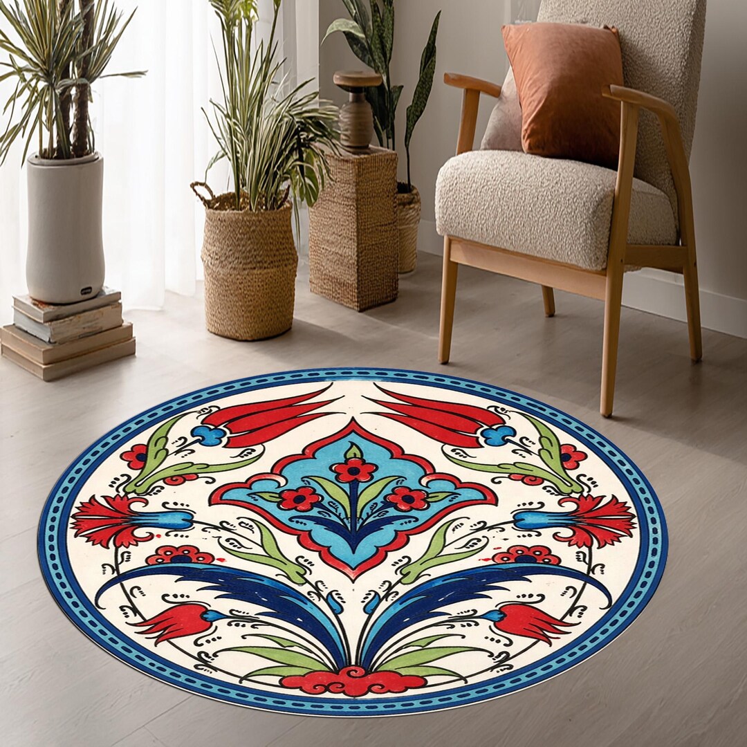 Floral Circular Rug, Ceramic Pattern Carpet, Blue Red Floral Home Decor ...